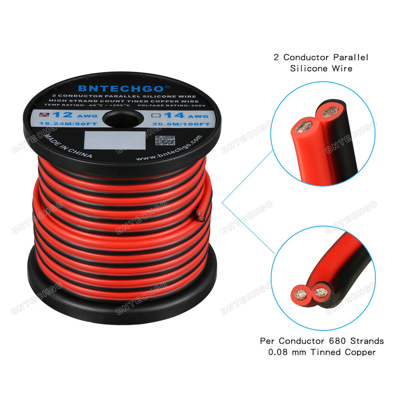 12 gauge flexible Red Black 2 conductor parallel silicone wire